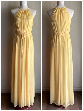 David's Bridal Pale Yellow Halter Maxi Dress